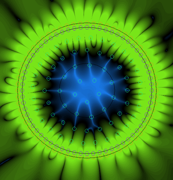 Grafische Simulation eines akustischen Schallfeldes mit farbigen Druckverteilungen in Grün und Blau sowie markierten Messpunkten.